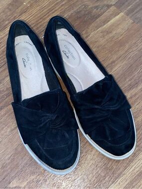 Clarks Black Suede Slip-On Platform Loafers